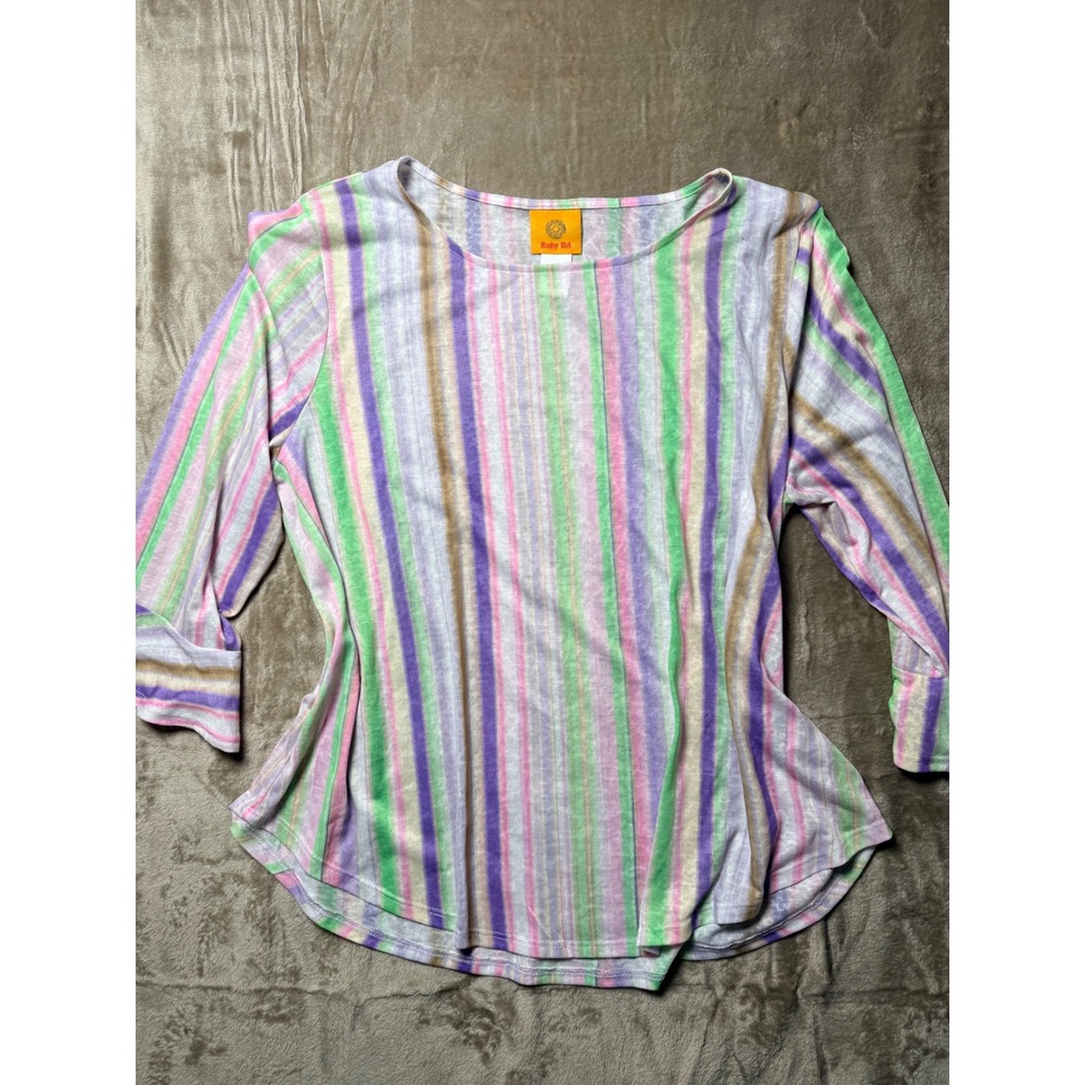 Ruby Rd Womens Large Striped Knit Top Bell Sleeve Summer Pastel Girlie